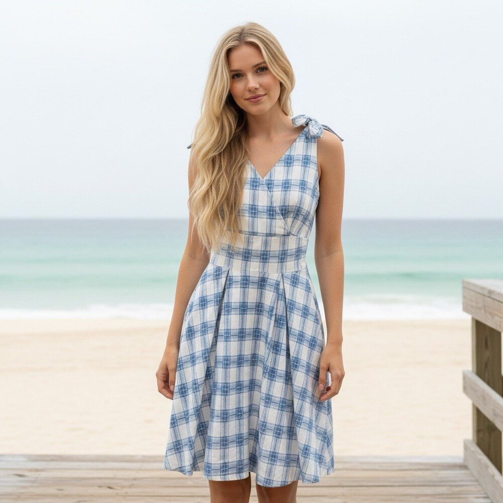 Gown Town Blue White Plaid Fit & Flare V-neck Dress Cottagecore Coastal Sz L